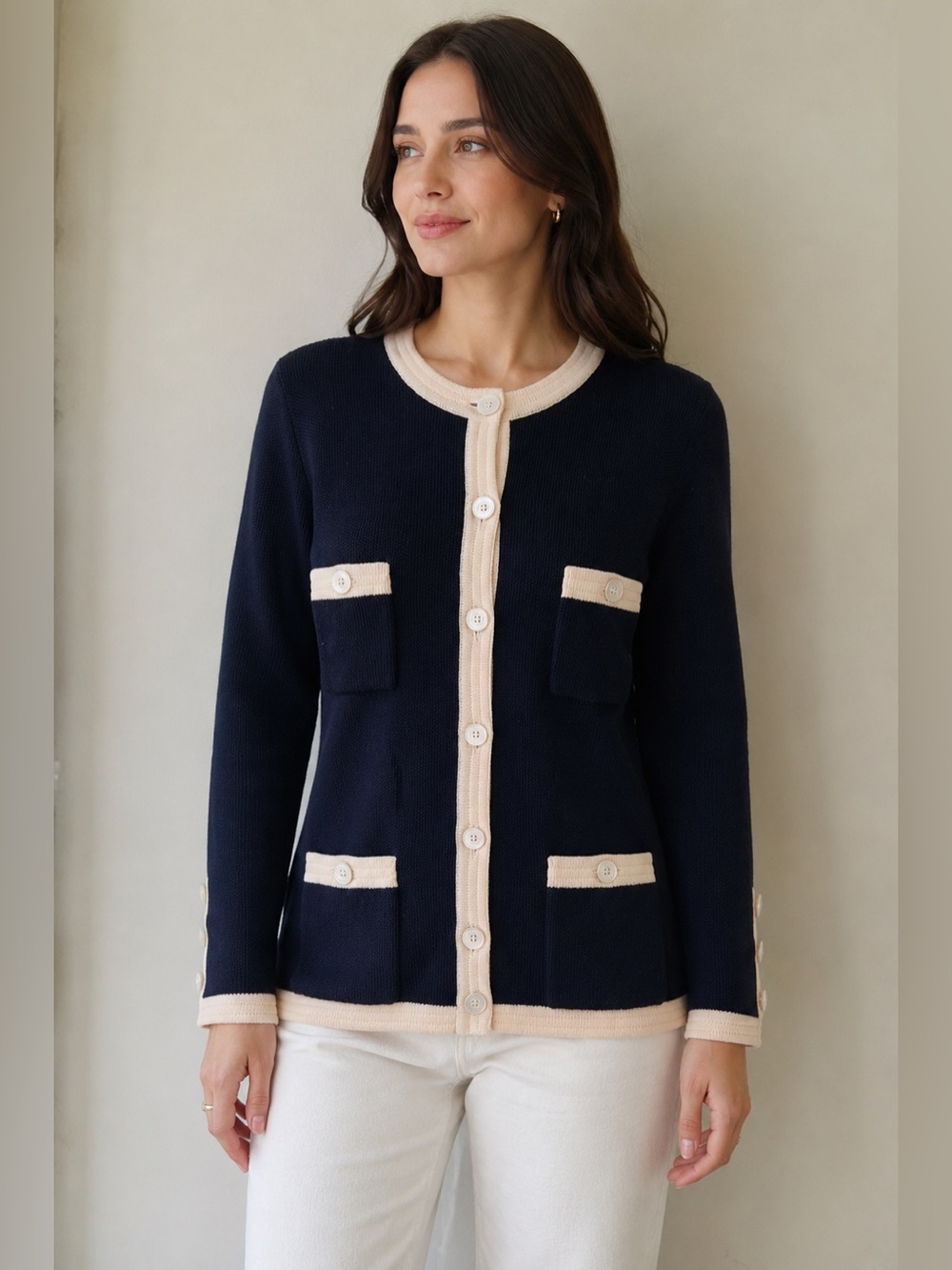 Vintage Styltricot Italy 100% Cotton Navy Knit Cardigan USA 12